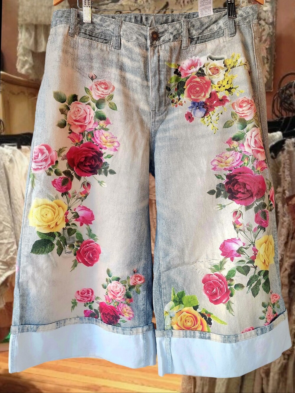 Magnolia Style Art Floral Print Light Blue Bohemian Denim Wide Legs Pants XL